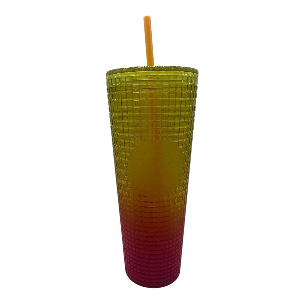 Starbucks 2022 Lemon Yellow Pink Gradient Ombre Grid 24oz Venti Tumbler